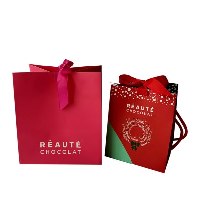 Amazon hot sales Cheap colorful logo special paper ribbon handle christmas paper bags printing